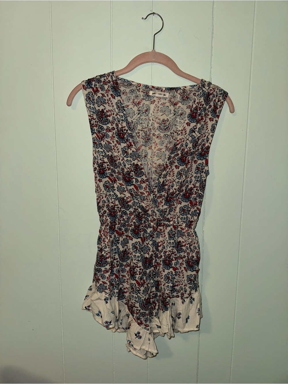 Billabong Floral Wrap-Front Romper in Cream with Red & Blue Print